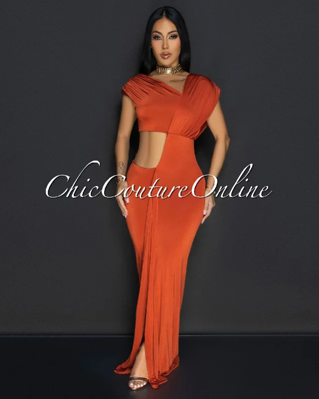 Violi Rust Off Shoulder Cut Out Maxi Dress Trendy Satin Maxi Dress