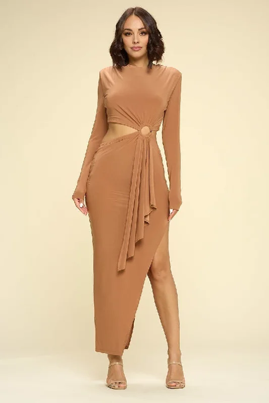 Camel Cut Out Draped Accent Bodycon Maxi Dress Cozy Maxi Dress with Slit