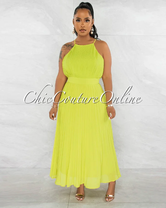 Yedda Lime Green Pleated Maxi Dress Cozy Cold-Shoulder Maxi Dress