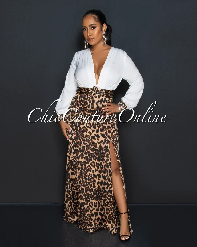 Zabrina White Leopard Print Two-Tone Maxi Dress Fashionable Open-Back Maxi Dress