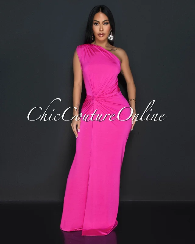 Zima Hot Pink Single Shoulder Twist Maxi Dress Classic Tulle Maxi Dress