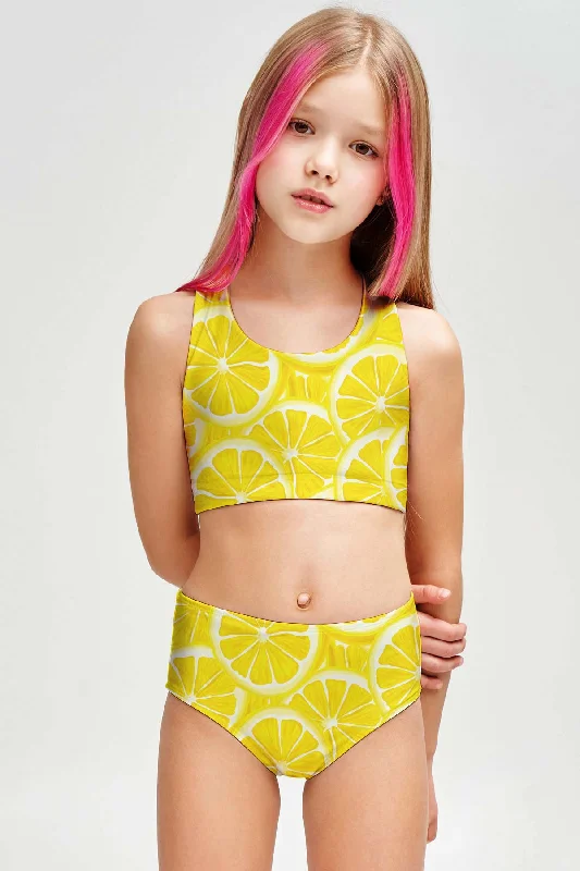 A Piece of Sun Claire Yellow Two-Piece Swimsuit Sporty Swim Set - Girls Button-Front Swimsuit