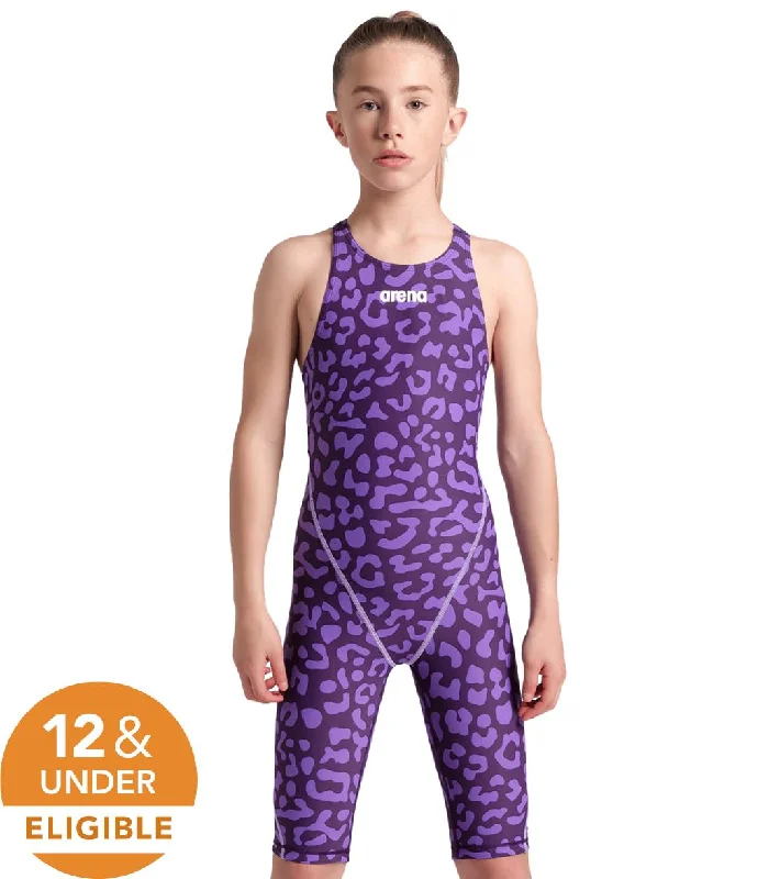 Arena Girls' Powerskin ST Next Limited Edition Open Back Tech Suit Swimsuit Leopard Skin Violet Timeless Black Bikini