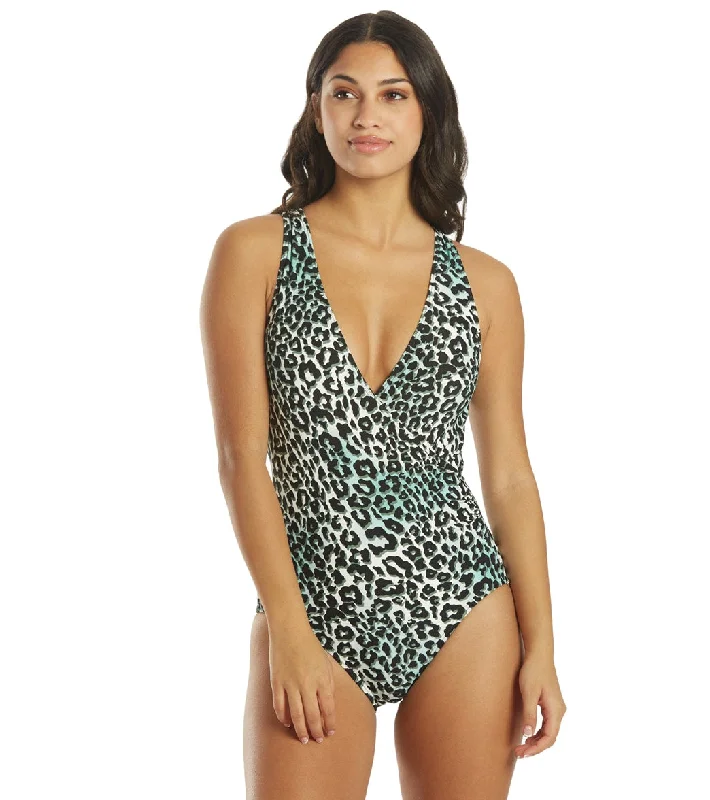 Carmen Marc Valvo Women's Isola Jaguar  V Neck One Piece Swimsuit Swimsuit with Skirt