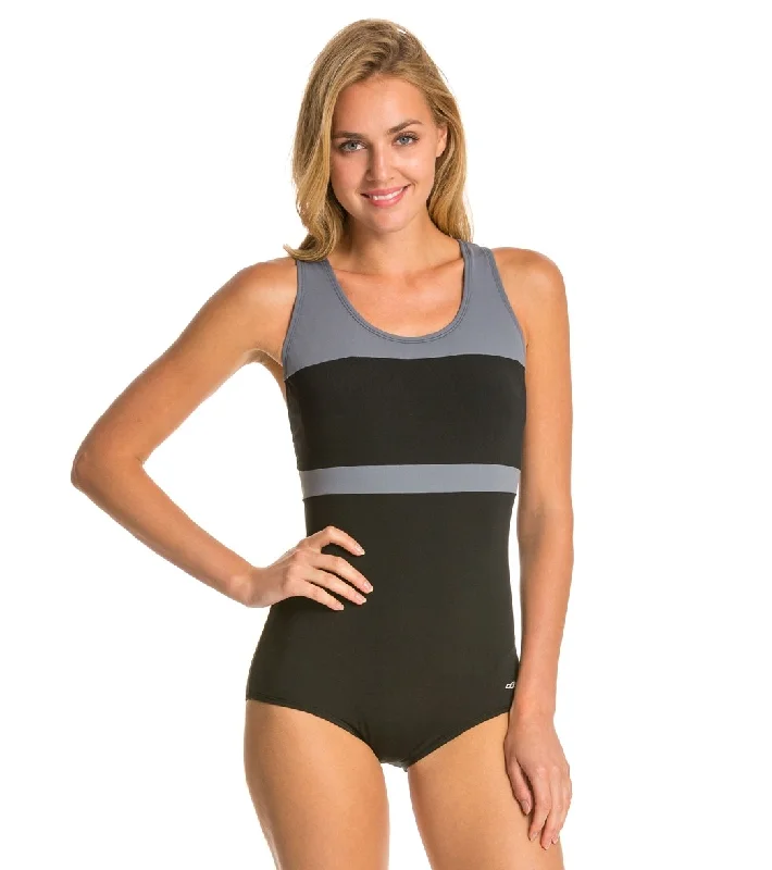 Dolfin Conservative Color Block Lap Suit Swimsuit Black/Grey High-Waisted Swimwear