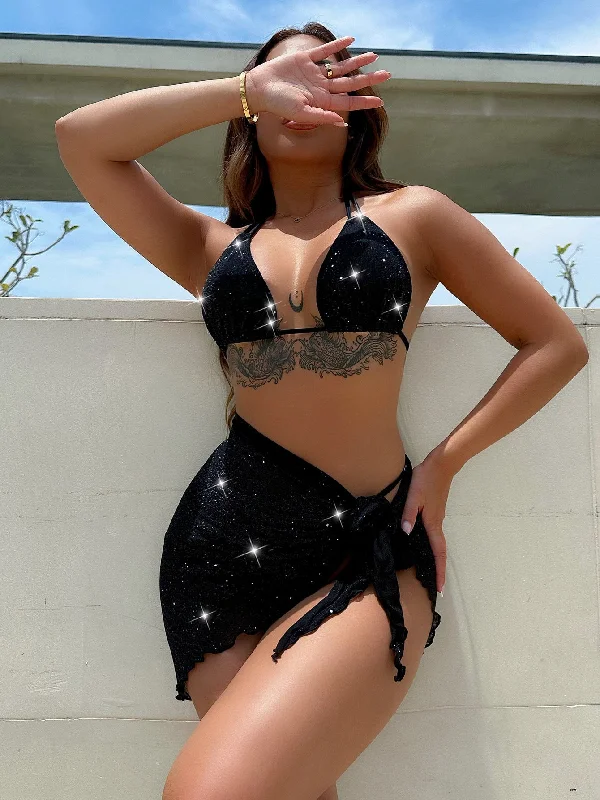 Glitter Halter Neck Backless Three-Piece Swim Set High-Waisted Swim Bottoms