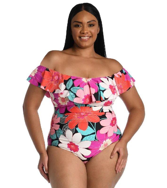 La Blanca Women's Plus Size In Full Bloom Off The Shoulder One Piece Swimsuit Multi Swim Skirt Set