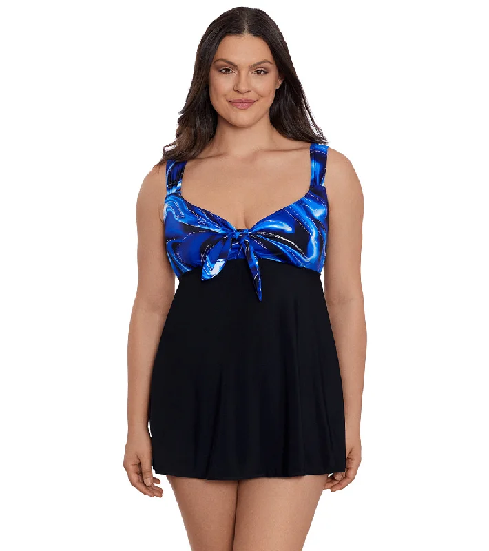 Longitude Women's Infinite Shine Tie Front Swim Dress Blue Quick-Dry Tankini