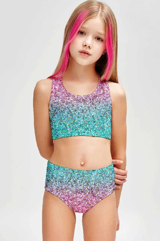 Maldives Claire Pink Glitter Two-Piece Swimsuit Sporty Swim Set - Girls High-Cut One-Piece