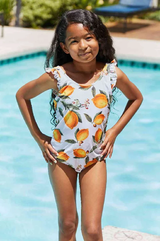 Float On Ruffled Girls One-Piece Swimsuit in Citrus Orange Vibrant Bikini Design