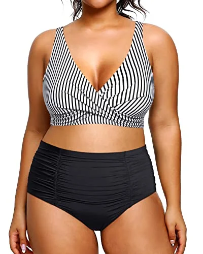 V Neck 2 Piece Plus Size Bikini High Waisted Tummy Control Swimsuit-Black And White Stripe Full Coverage Swimsuit