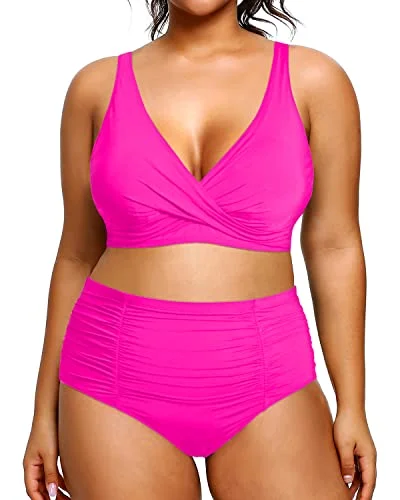 Ruched 2 Piece Plus Size Bikini High Waisted Swimsuits Tummy Control Bathing Suits-Neon Pink Chic Swimsuit Cover-Up