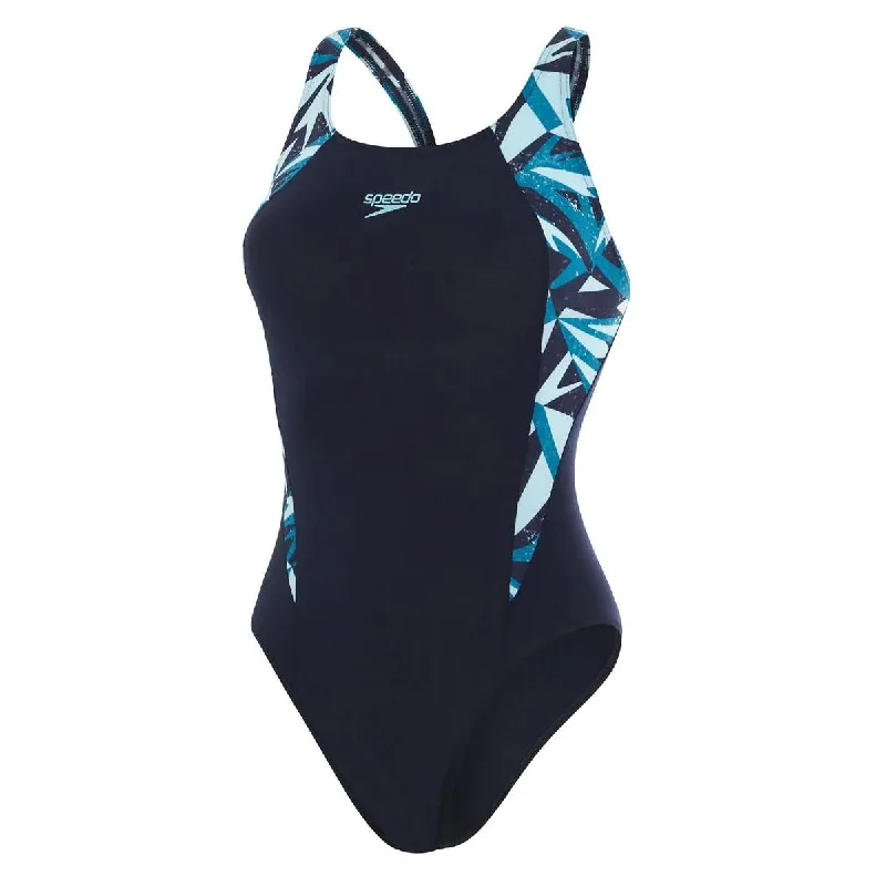 Speedo Hyperboom Splice Muscleback Swimsuit - Womens - True Navy/Nordic Teal/Mercurial Blue Deep-V Swimsuit Design