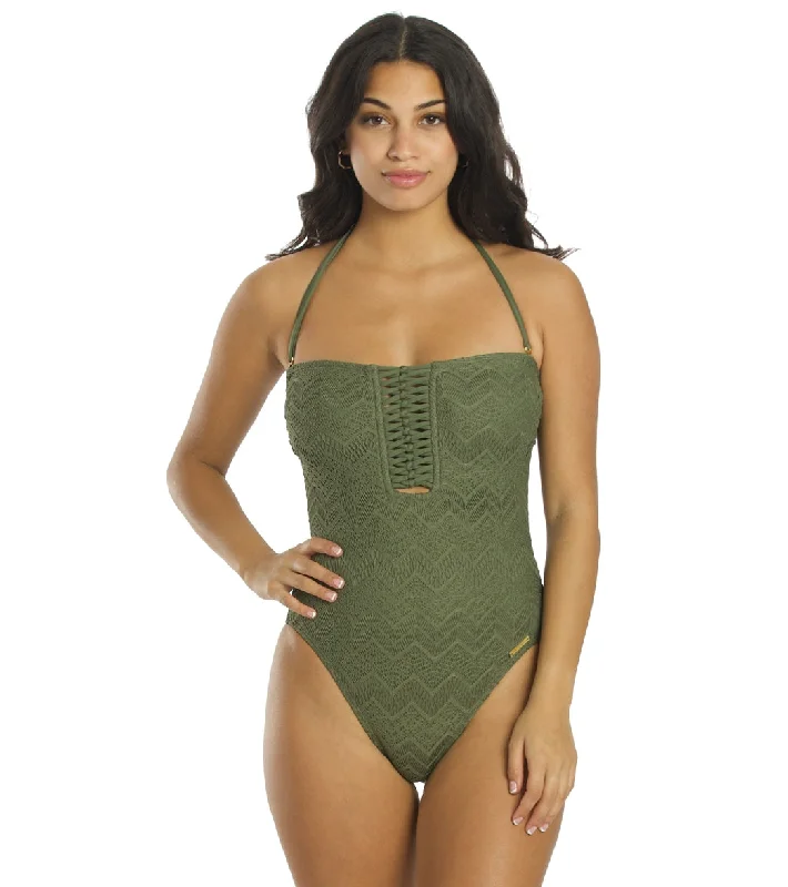 Vince Camuto Women's Crochet Lace Bandeau One Piece Swimsuit Safari Grn Elegant Halter Bikini