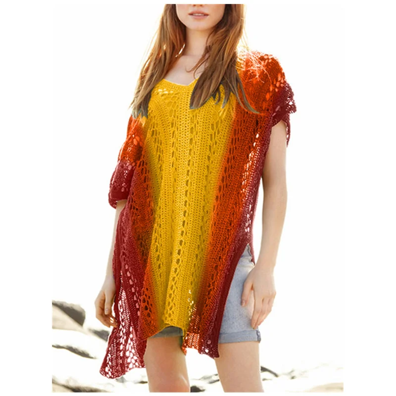 Wholesale 2023 Knitting Swimsuit Crochet Bikini Bohemia Style Beach Cover Ups Rainbow Strip Vestido Hole Knitted Bath Exits Wear Casual Swim Dress