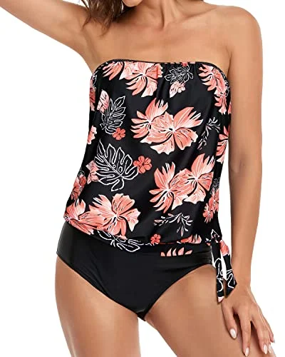 Strapless Bandeau Tankini Sets For Women-Black Orange Floral High-Waist Bikini Set