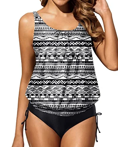 Women Tummy Control Removable Padded Push Up Cups Tankini-Black Tribal Mesh Detail Bikini