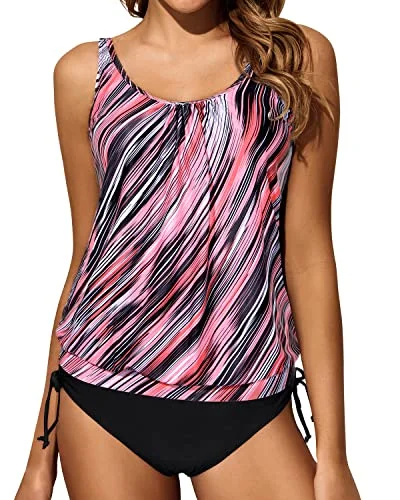 Blouson Tummy Control Two Piece Swimsuits For Women-Pink Stripe Halter Top Bikini