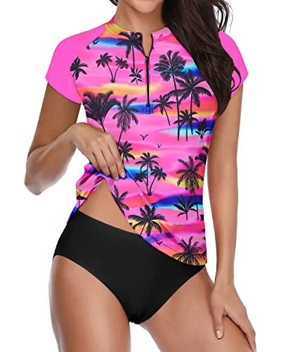 Short Sleeve Two Piece Zipper Swimsuit For Women-Pink Palm Swimsuit with Skirt