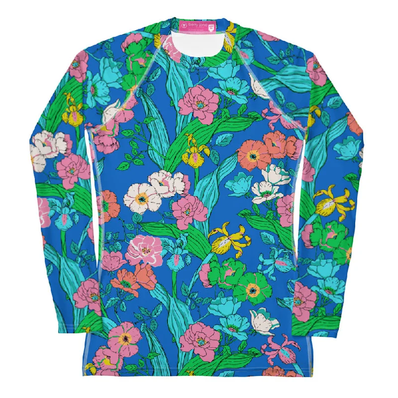 Women's Long Sleeve Swim Shirt Rash Guard - Electric Blue Paradise Vintage Swimwear Look