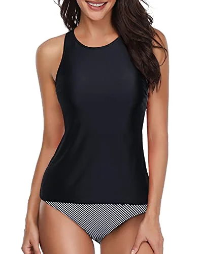 Slimming Black Deep Scoop Back Tankini With Striped Shorts-Black Stripe Classic Sporty Swimsuit