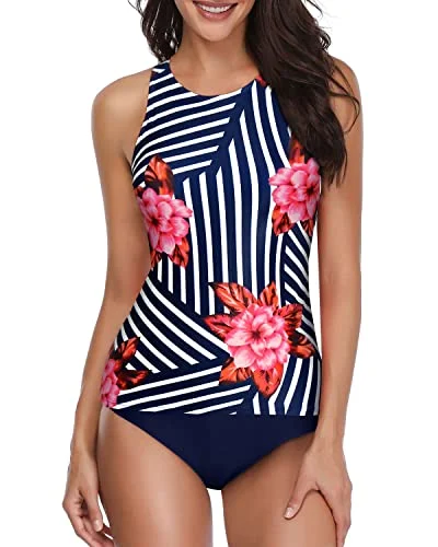 Modest Tummy Control Tankini Bathing Suit-Blue Floral Classic One-Piece