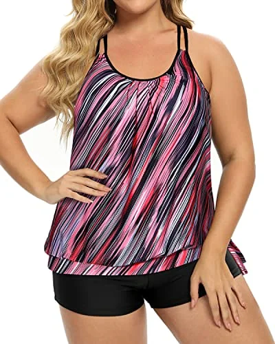 Plus Size Two Piece Tankini Swimsuit For Tummy Control-Pink Stripe Elegant Swim Dress