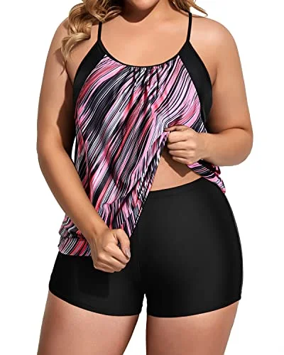 Two Piece Push Up Tankini Top With Boy Shorts For Women Plus Size-Black And Pink Stripes Vintage Swimwear Look