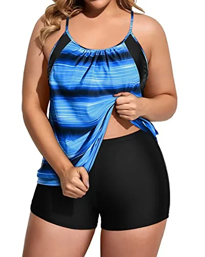 Two Piece Tummy Control Tankini Swimsuits For Women Plus Size-Blue And Black Stripe Floral Swimwear Set