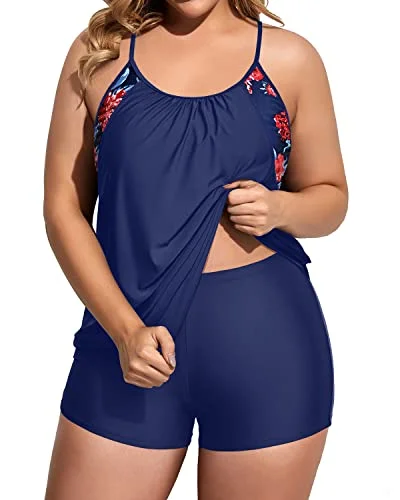 Women's Separated Sports Bra Tankini Sets For Pregnant Women-Blue Floral High-Cut One-Piece