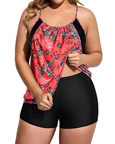 Deep Cut Two Piece Tankini Swimsuits With Boyshorts For Plus Size Women-Pink Leaf And Black Tropical Print One-Piece