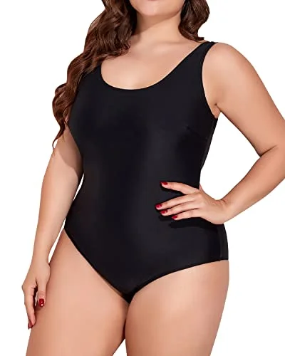 U Neck Plus Size One Piece Swimsuits Tummy Control Bathing Suits Sporty Swimwear-Black Sleek Mesh Bikini