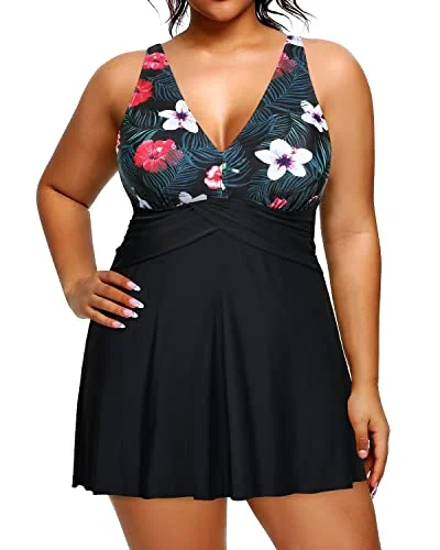 Women's Full Power Mesh Lining Plus Size One Piece Swimsuit-Black Floral Retro-Inspired Bikini Set