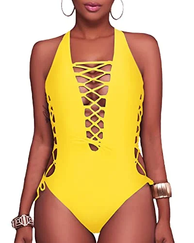 Sexy Strappy One Piece Swimsuit For Curvy Women-Neon Yellow Shiny One-Piece Swimsuit