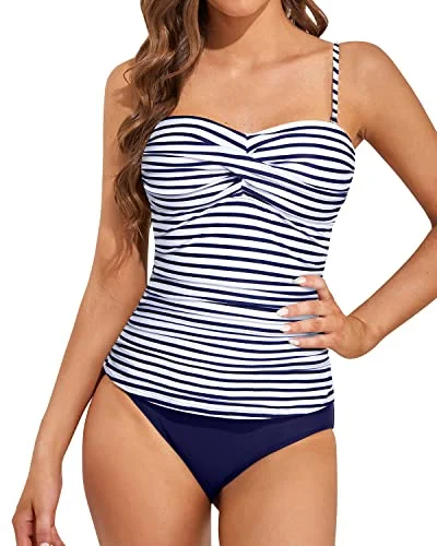 Flattering Tummy Control Bandeau Tankini Bathing Suits-Blue White Stripe Beachy Ruffle Bikini