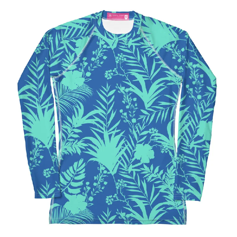 Women's UPF 50+ Rash Guard, Swim Shirt Turquoise Blue Palms Crisscross Back Swimsuit