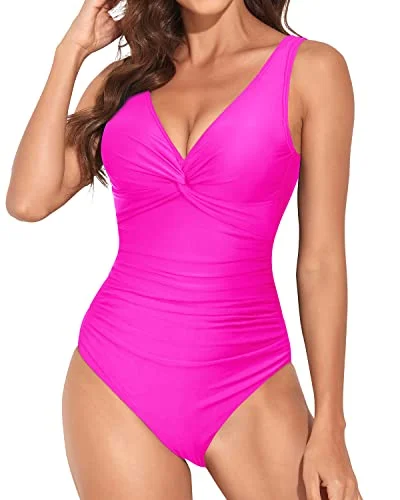 V Neck Women Monokini Vintage Tummy Control Slimming Swimsuit-Neon Pink Swim Dress with Belt