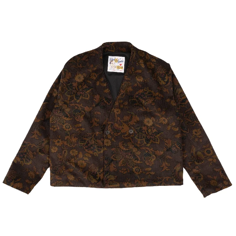 Collarless Jacket  - Paisley Corduroy  - Brown Front Pockets Side Pockets Patch Pockets