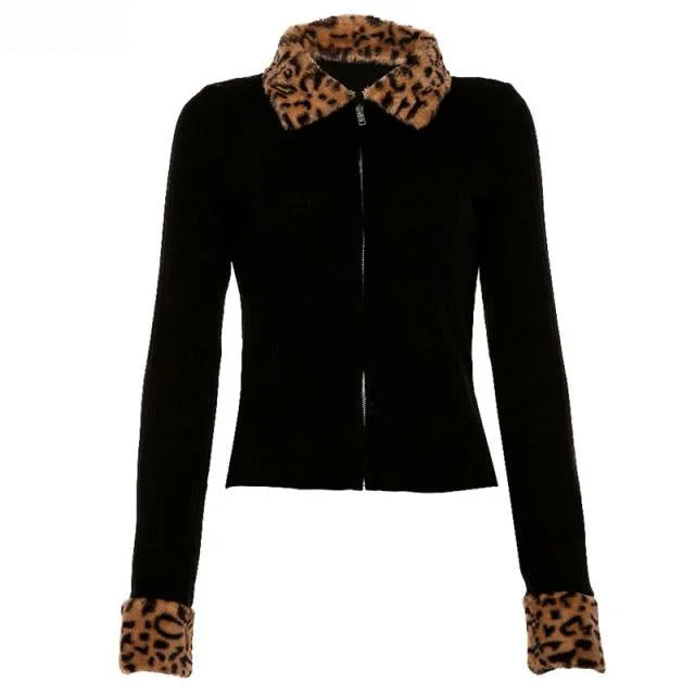 Fashionable Fur Coat Top Women Elegant Black Rib knit Pullover Jacket Print Jacket Jacquard Jacket Patchwork Jacket