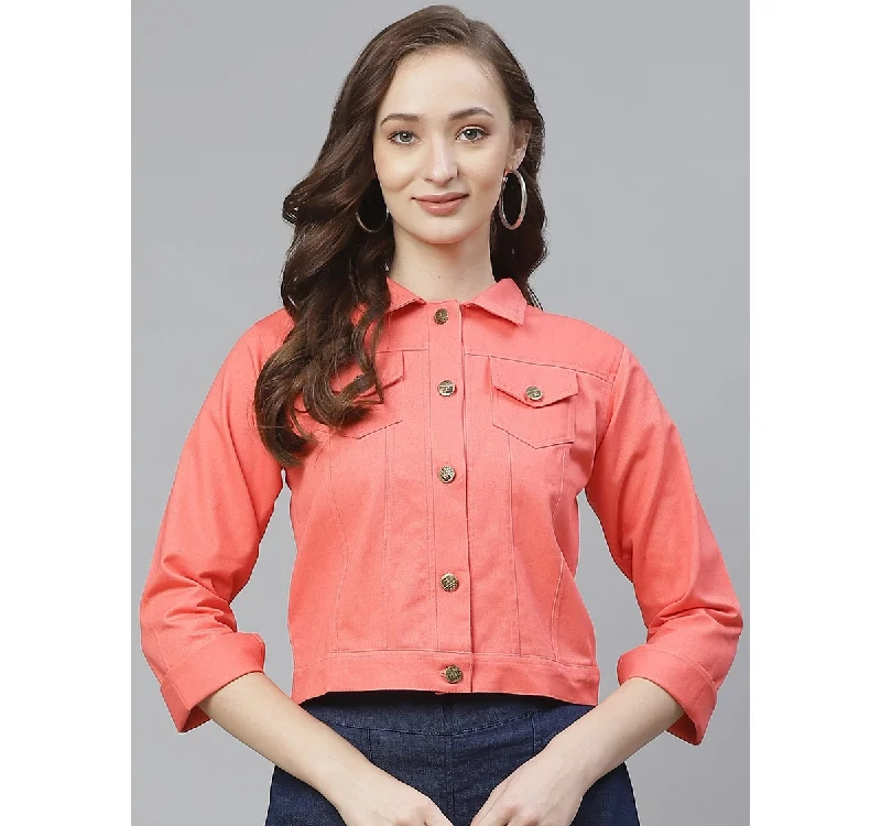 Wahe-NOOR Women's Peach-Coloured Solid Lightweight Denim Jacket Zip Front Button Front Snap Front