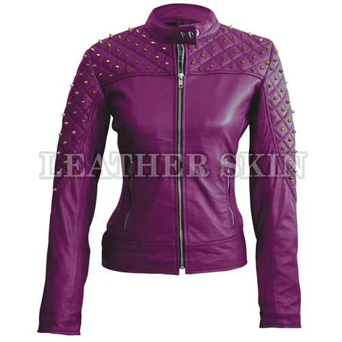 Women Purple Leather Jacket Nylon Jacket Polyester Jacket Spandex Jacket