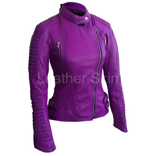 Women Purple Leather Jacket Striped Jacket Polka Dot Jacket Floral Jacket