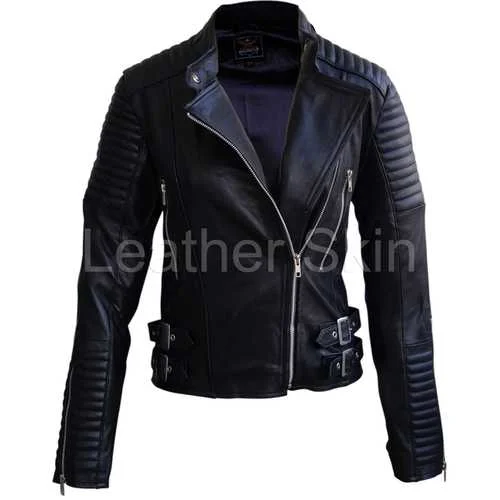 Women Black Padded Leather Jacket Ribbed Jacket Pleated Jacket Ruffled Jacket