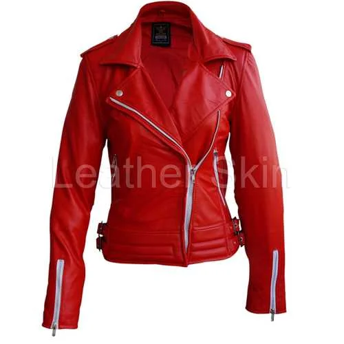 Women Red Leather Jacket A-Line Jacket Boat Neck Shawl Collar