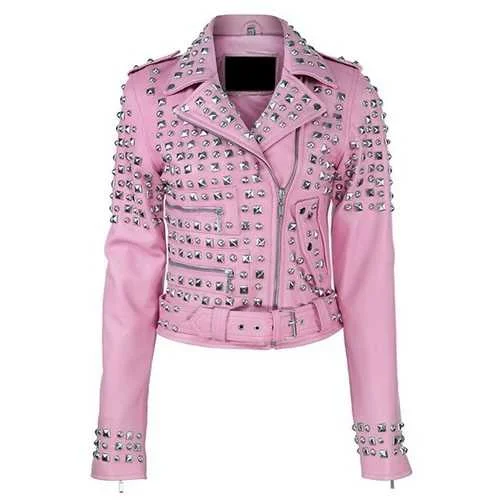 Women Pink Leather Jacket Front Pockets Side Pockets Patch Pockets