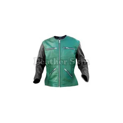 Women Green Leather Jacket Bomber Jacket Anorak Windbreaker