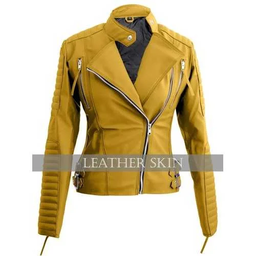 Yellow Women Faux Leather Jacket Appliqued Jacket Beaded Jacket Sequined Jacket