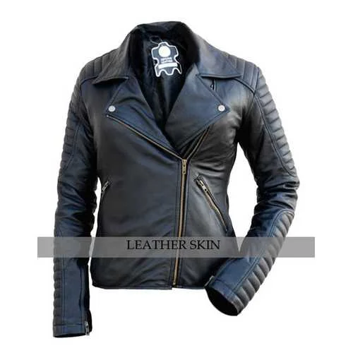 Black Women Leather Jacket Snapped Jacket Toggled Jacket Drawstring Jacket