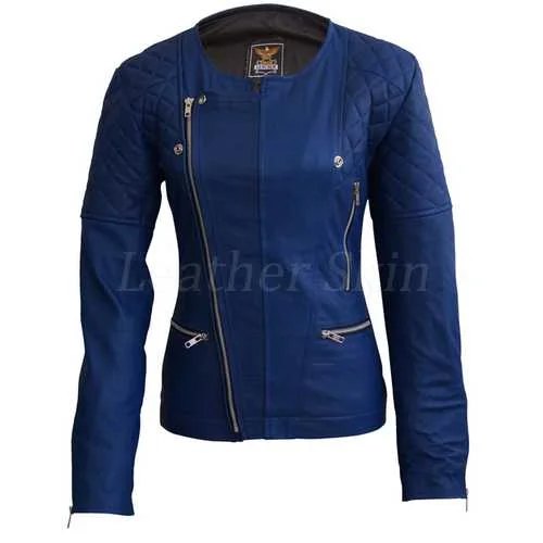 Women Blue Leather Jacket Zippered Front Buttoned Front Snap Front