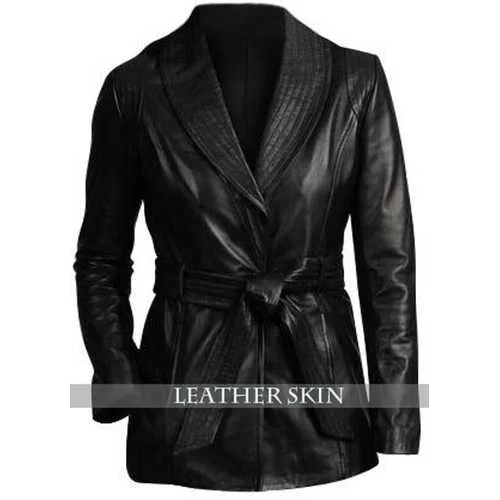 Black Women Leather Jacket Welt Pockets Slit Pockets Flap Pockets